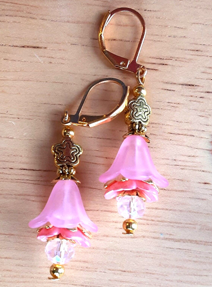 PINK PEACH acrylic FLOWER with ROSE CRYSTAL earring GP color LEVER BACK 722