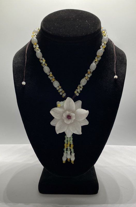 Hand Carved White Jade Flower Pendant Necklace Multi-Color Jade Beads 16″