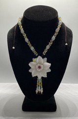 Hand Carved White Jade Flower Pendant Necklace Multi-Color Jade Beads 16″
