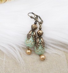 Antique Brass Victorian Style Earrings, Mint Green and Gold Acrylic Bead Jewelry