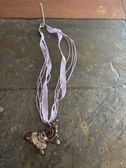 Art Glass Butterfly Pendant With Purple Cord & Ribbon Chain