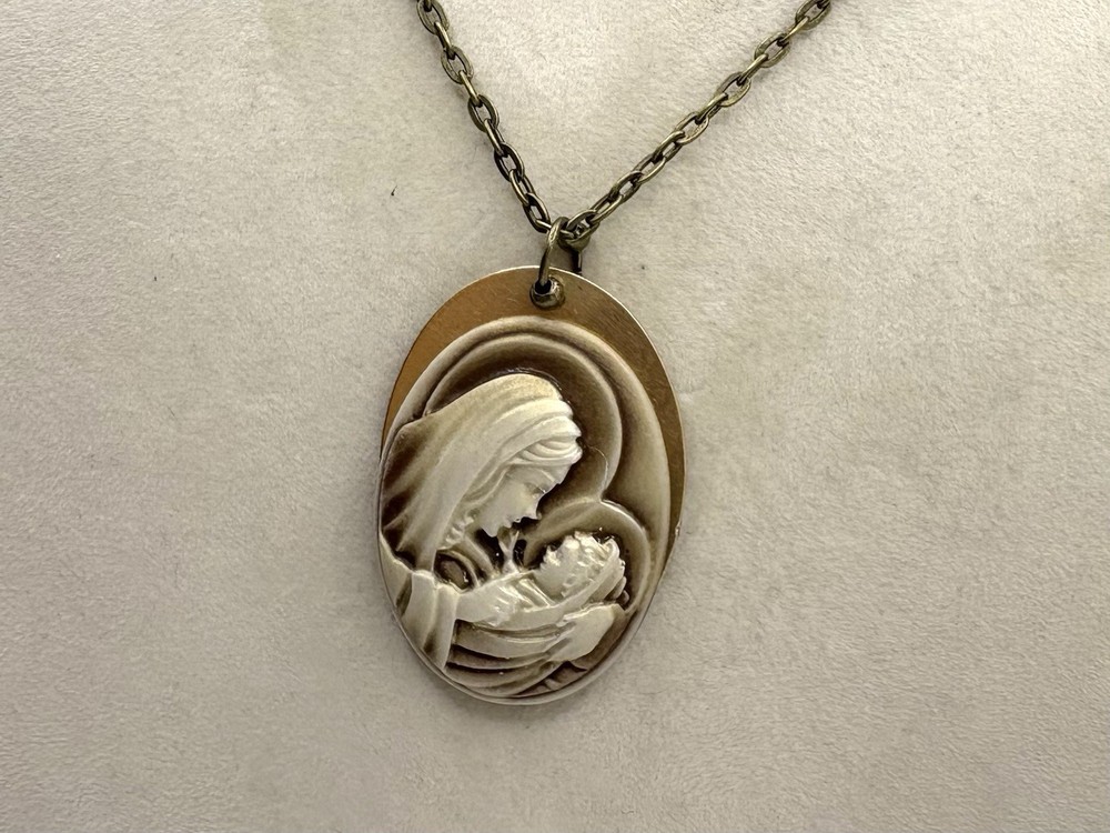 Brass & Mother Mary With Child Cameo Necklace Hand Made By Me Resin Cameo 29”