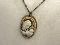 Brass & Mother Mary With Child Cameo Necklace Hand Made By Me Resin Cameo 29”
