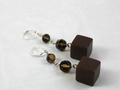 Bakelite Cube Earrings Handmade Chocolate Brown Swarovski OOAK Artisan