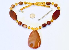 NWOT ~ Genuine Orange Banded Agate & Golden Yellow Crystal Glass Bead Necklace