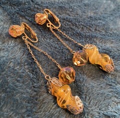 VTG Clip-On Earrings Blown Glass Yellow Gold Art Dangle Rhinestone Unique