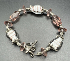 Handmade Purple White & Clear Glass Beaded Silver Tone Bracelet Small 6.75″