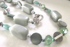 MINT GREEN SHADES IN STONES, MOP DISKS,Glass Pearls+Silvertone Beads&Toggle 33″