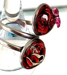 Handcrafted Art Resin Adjustable Open Ring Finger Wrap, Pink Butterfly Over Rose