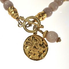Gold Medallion Pendant Necklace Round Peach/Pink Jade Beads w/ Gold Toggle Clasp
