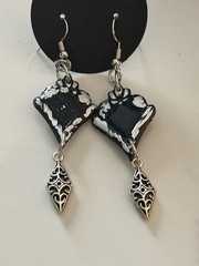 Handcrafted Black White Polymer Clay Diamond Dangle Earrings Silver Tone 3 pair