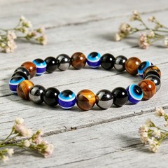 Triple Protection Evil Eye Bracelet Black Obsidian Reiki Jewelry for Men Women