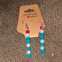 Handcrafted Beaded Dangle/Drop Earrings Hook Closure Pink Teal White Women’s