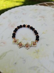 Beaded Stretch Bracelet Black Gold Round Square Metal Accents Unisex