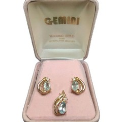 Aquamarine 18 Karat Gold Over Sterling Silver Stud Earrings & Pendant, No Chain