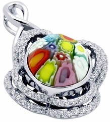 Alan K. Multicolor Murano Millefiori Round Pendant W/Intricate Clover CZ Basket