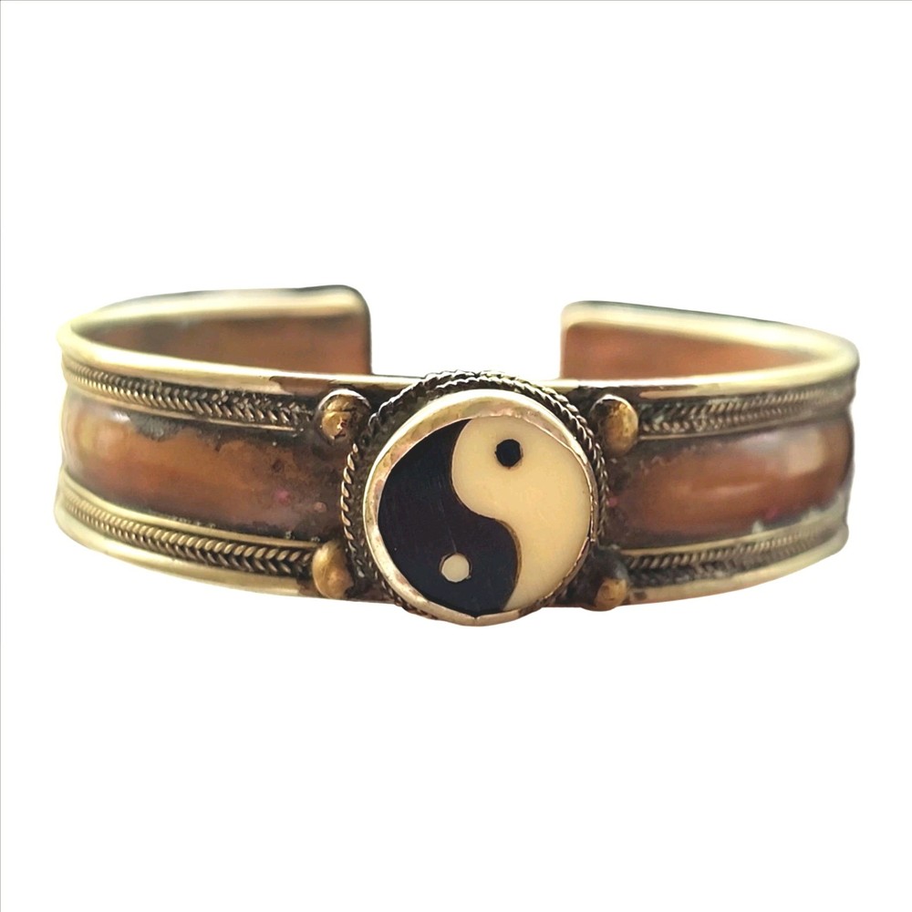 Rare Artisan Vintage Bracelet Copper Yin Yang Stone Open Cuff Handmade Spiritual