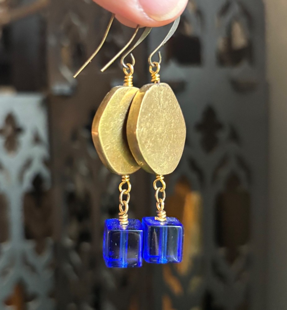 Handmade Modernist Brass & Blue Glass Earrings Brass Wire – Repurposed vintage
