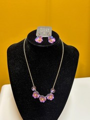 Holly Yashi Niobium 5 Pansy Necklace & Earrings Vintage Gold Tone Set w Bag Nice