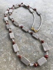 Handmade Necklace of Gray and Cream Marble, Copper Pearls, and Clear Glass Beads