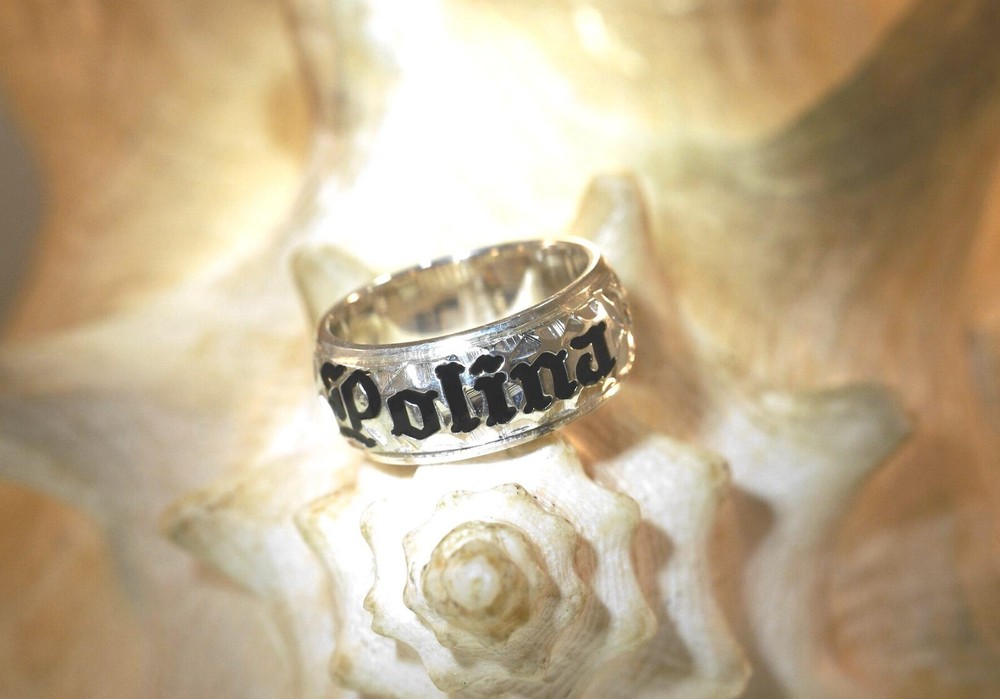 8MM BM SOLID 925 STERLING SILVER CUSTOM PERSONALIZED HAWAIIAN BLACK ENAMEL RING