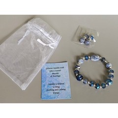 Genuine Sodalite Glass Crystal Stretch Bracelet Earring Set New w/ Gift Bag Card
