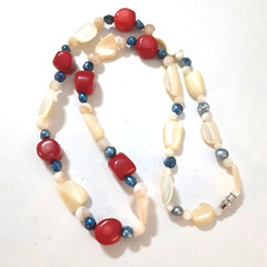 Vintage Red Coral MOP Blue Pearl Bead Necklace 24 in