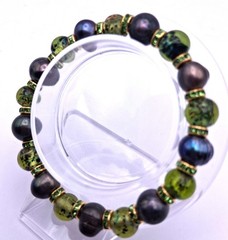 Black Baroque Pearls Green Handmade Lampwork Green Rhinestones Beaded Bracelet