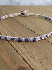 New Hemp Choker Necklace w/ Frosted Blue Beads, 15 in – Ready to Ship – Handmade
