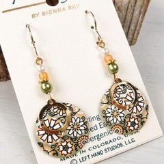 Adajio Earrings Soft Olive and Apricot Retro Floral Disc with Gold Plated Circle
