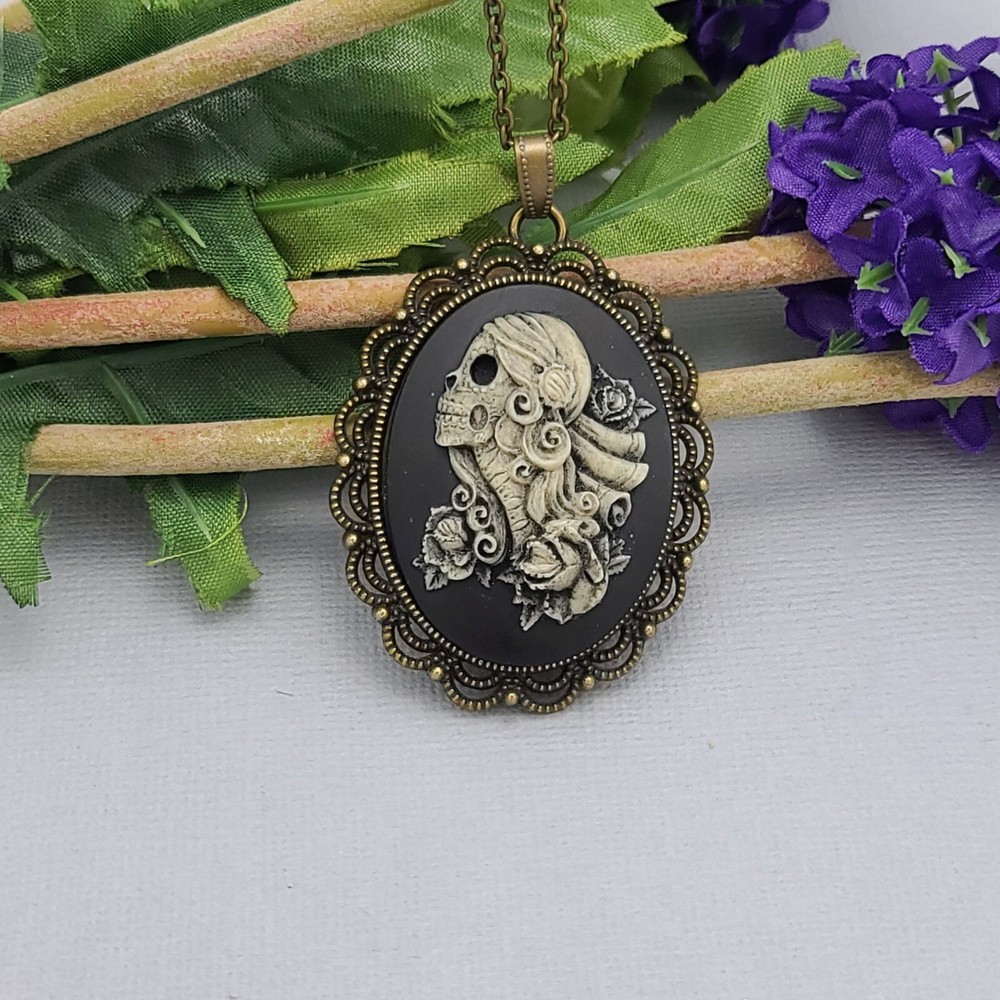 Antiqued Brass Vintage Style Cameo Necklace. (Cosplay Skeleton).