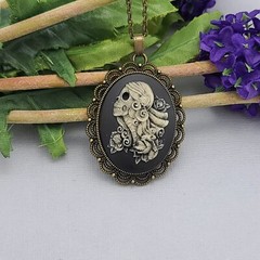 Antiqued Brass Vintage Style Cameo Necklace. (Cosplay Skeleton).