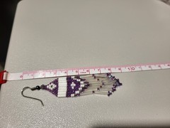 PURPLE AND WHITE BUGLE SEED BEADS HANDMADE BEADED EARRINGS 9cm/3.25″