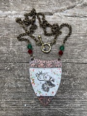 Glass Enameled Copper Reindeer Christmas necklace with Swarovski beads HANDMADE