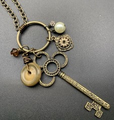 Skeleton Key Necklace -Button,Floral Charm,Red/Clear Glass Beads,Gold/Brass Tone