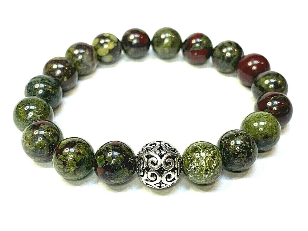 Handmade 10mm African Dragon Blood Jasper and .925 Silver Bali Bead Bracelet