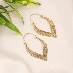 Handmade Brass Hoop Earrings | Ethnic Floral Scrollwork, gold plated