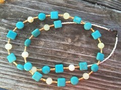 Handmade Necklace of Round and Square Turquoise Magnesite and Italian Onyx Beads