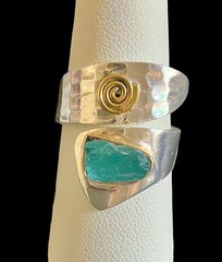 Hammered Silver & Gold Tone Brass Blue Apatite Artisan Modernist Ring 8 9 10
