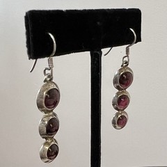 Artisan Made 3 Stone Rhodolite Garnet Sterling Silver Dangle/Drop Earrings