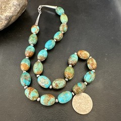 Green Blue Royston Turquoise Navajo Sterling Silver Beads Necklace 20″ 19563