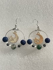 Handmade Beaded Earrings One Of A Kind Moon And Star Blue Green Sterling Hoops