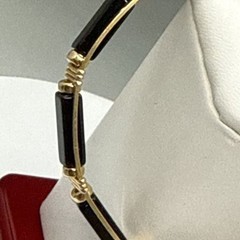 Artisan Black Onyx & Gold Tone Wire Wrapped Tube Bead Link Bracelet Handmade Vtg