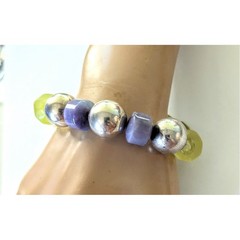 Sterling Silver Lavender Jade & Antique Lemon Jonquil Glass Beaded Bracelet 8.25