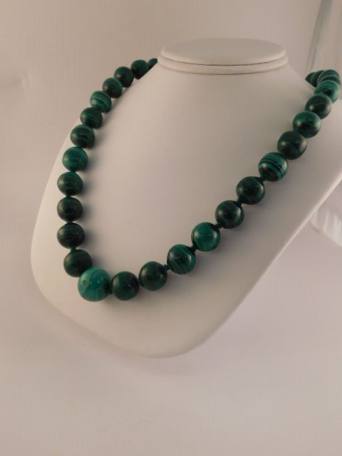 MALACHITE GRADUATED LARGE BEAD BALL NECKLACE 26″ LONG ARTISAN HANDCRAFTED 7-15MM