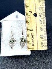 Silver Owl Dangle Earrings with Green Crystal Eyes 1 1/2” in Length
