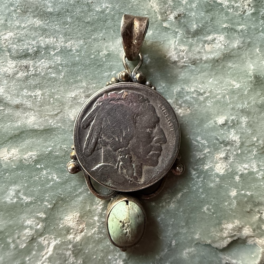 Beautiful Handmade Buffalo Nickel Set With Turquoise And Sterling Stone