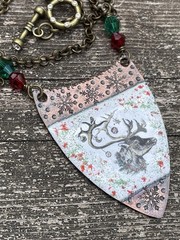 Glass Enameled Copper Reindeer Christmas necklace with Swarovski beads HANDMADE
