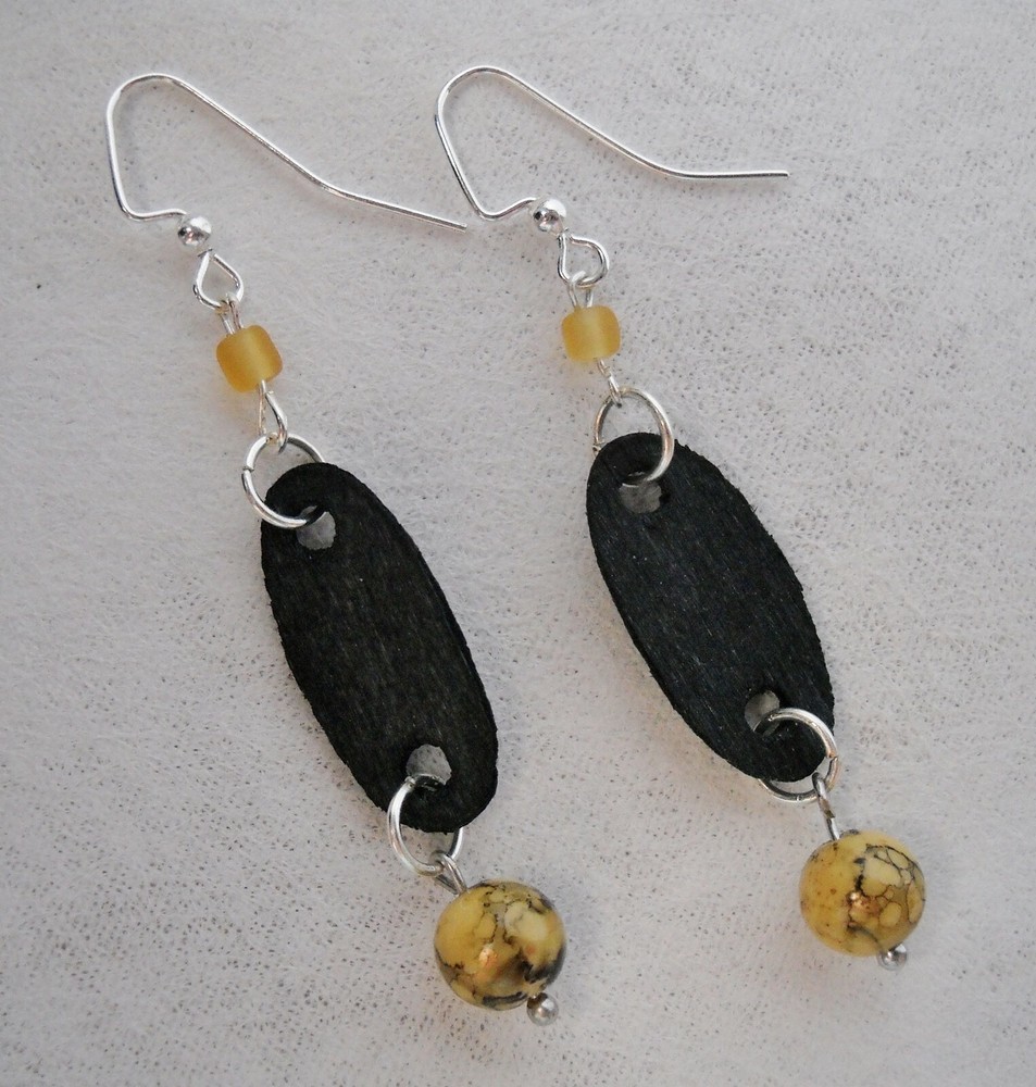 Black Wood Earrings Buff Brown Gold Beaded Hand Crafted OOAK Unique Dangle New