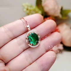 Rose Gold Coated Sterling Silver Oval Cut Green Emerald Pendant – 4.7 CT Large